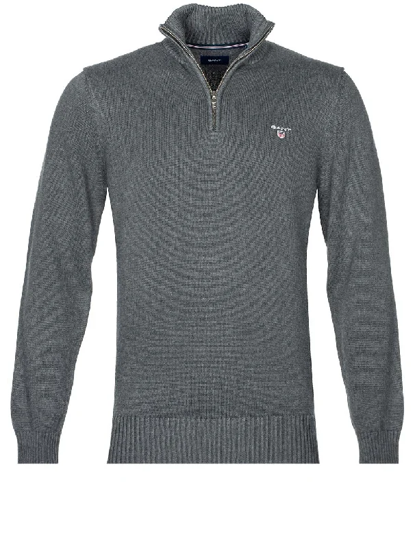 Lässiger Pullover aus Baumwolle mit halbem Reißverschluss Anthrazit Melange