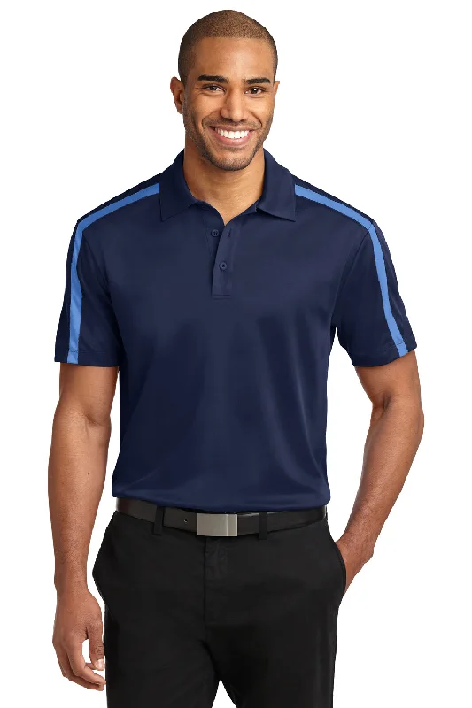 Port Authority Mens Silk Touch Performance Moisture Wicking Short Sleeve Polo Shirt - Navy Blue/Carolina Blue