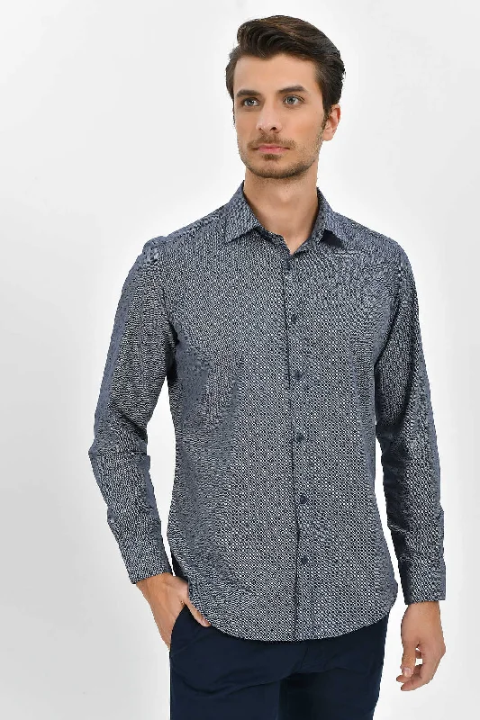 Slim Fit Printed Cotton Blend Casual Shirt, Navy B.