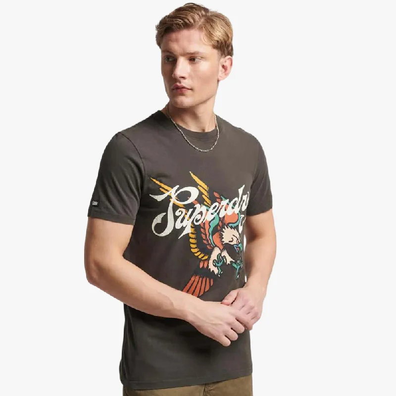 Superdry Mens Tattoo Script Graphic Short Sleeve Tee Dark Grey Green