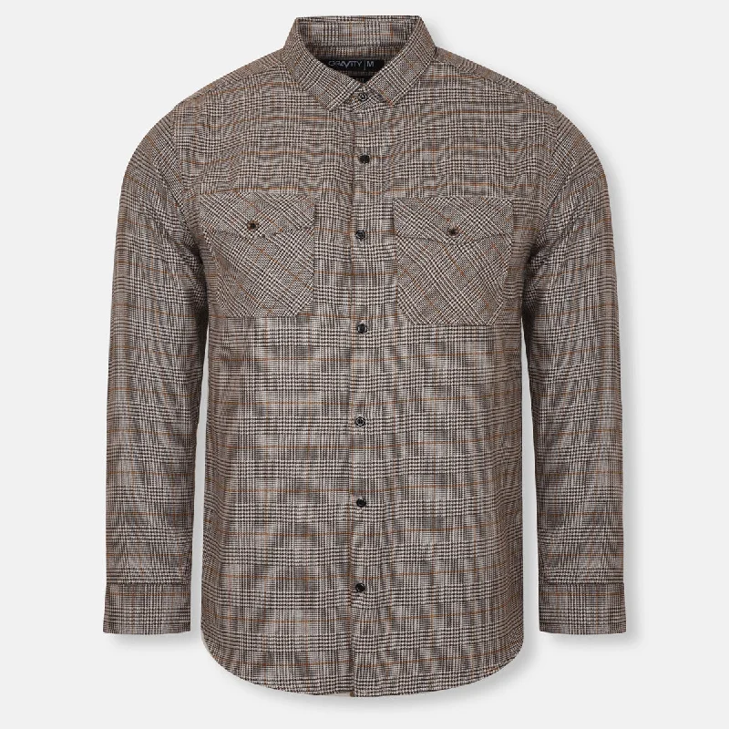 GT Thin Check Double Pocket Brown Warm Casual Shirt 10517