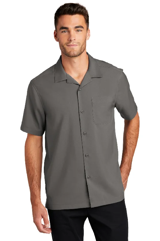 Port Authority Mens Performance Moisture Wicking Short Sleeve Button Down Camp Shirt w/ Pocket - Graphite Grey