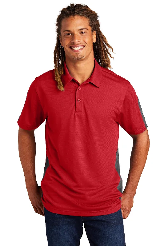 Sport-Tek Mens Active Mesh Moisture Wicking Short Sleeve Polo Shirt - True Red/Grey