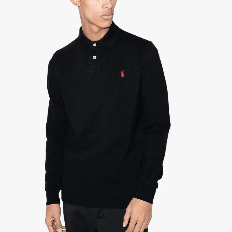 Polo Mens Plain Pique Long Sleeve Golfer Black