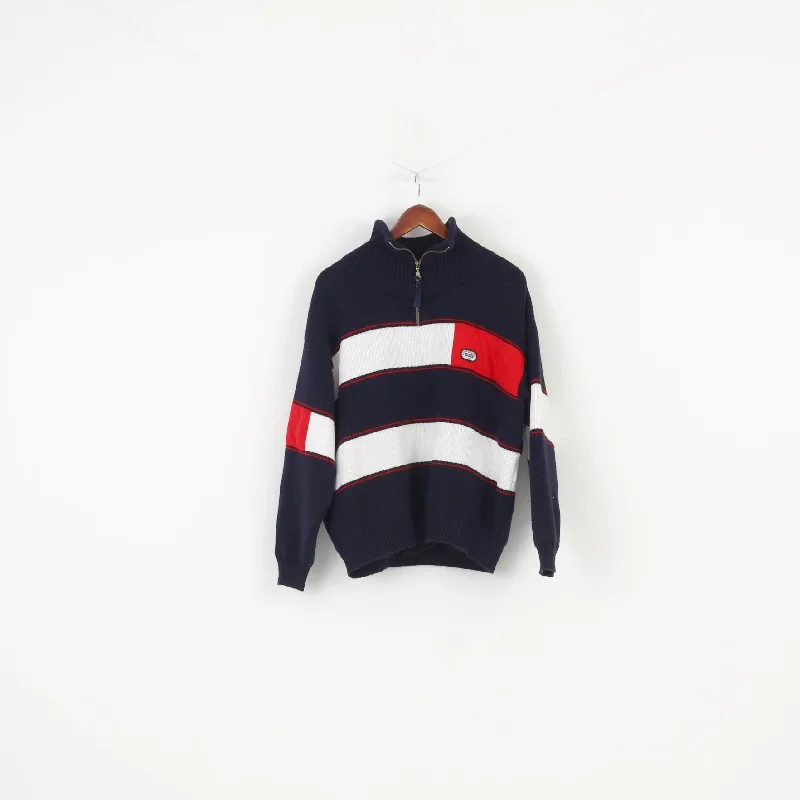 Navy Men M Jumper Navy Blue Zip Neck Collar Striped Long Sleeve Marine Top