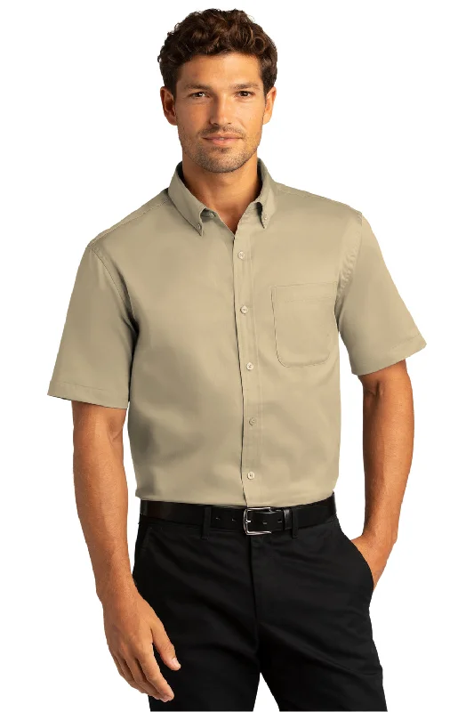 Port Authority Mens SuperPro Wrinkle Resistant React Short Sleeve Button Down Shirt w/ Pocket - Wheat