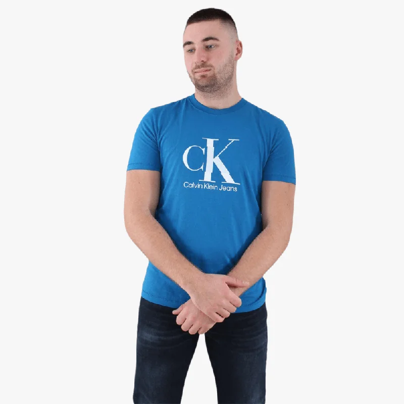 Calvin Klein Mens Disrupted Mobo Logo Short Sleeve Tee Blue