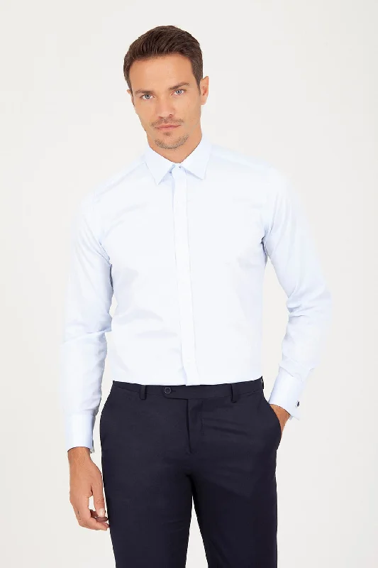 Slim Fit French Cuff Cotton Blue Dress Shirt