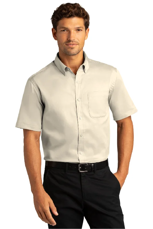 Port Authority Mens SuperPro Wrinkle Resistant React Short Sleeve Button Down Shirt w/ Pocket - Ecru - Closeout