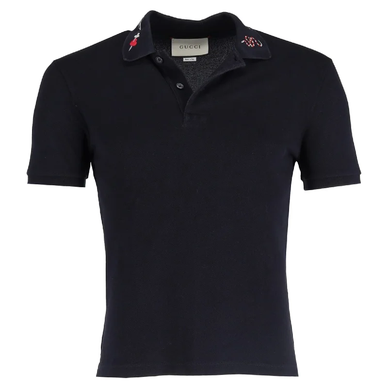 Gucci Embroidered Detail Polo Shirt in Navy Blue Cotton