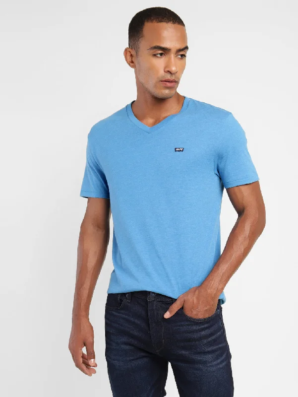 Men's Solid V Neck T-shirt Blue