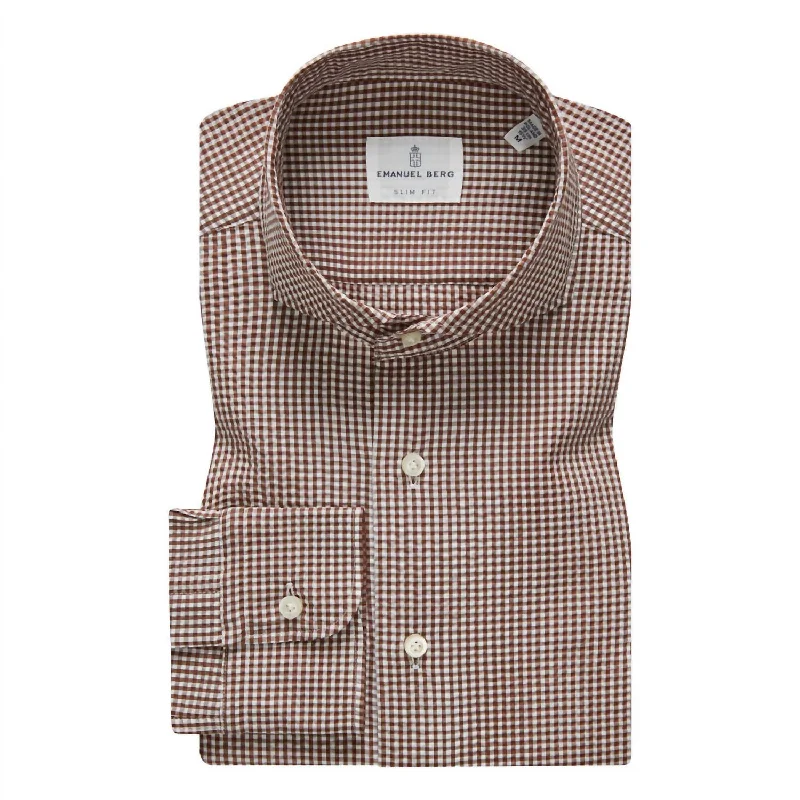 Mf Brown Check Cotton Crinkle Dress Shirt In Brown/white